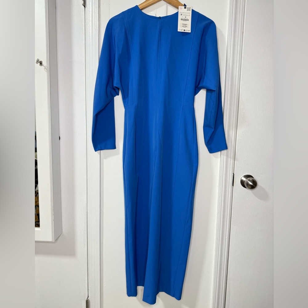 NWT! Zara blue structured sheath-style midi dress with dolman sleeves, size M